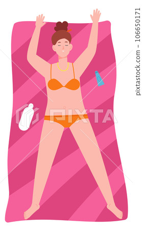 Woman laying on beach towel. Summer vacation rest 106650171