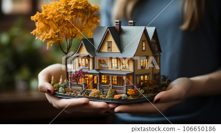 A female real estate agent holding a miniature house in front of her - generative AI. 106650186