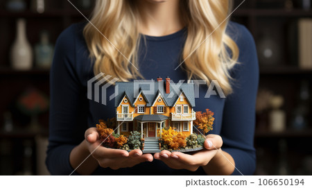 A female real estate agent holding a miniature house in front of her - generative AI. 106650194