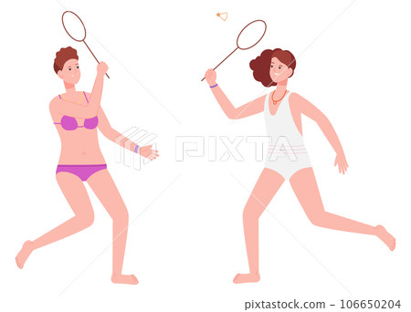 Women in swimming suit playing in badminton. Beach game 106650204