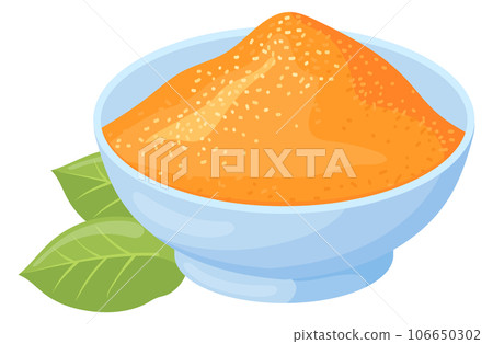 Powdered yellow herb in ceramic bowl. Cartoon icon 106650302