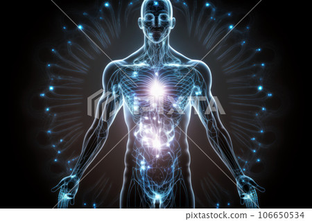 Light of astral space energy and power in athlete man, esoteric view Light of astral space energy and power in athlete man, esoteric view 106650534
