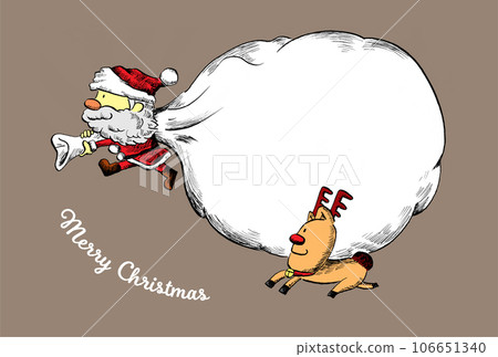 Christmas postcard (gray) - handwritten illustration of Santa and reindeer carrying a large bag of presents 106651340