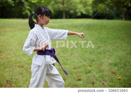 Elementary school girl practicing karate in a midsummer park Elementary school girl practicing karate in a midsummer park 106651665