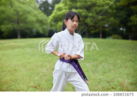 小學生在仲夏公園練習空手道 小學生在仲夏公園練習空手道 106651675