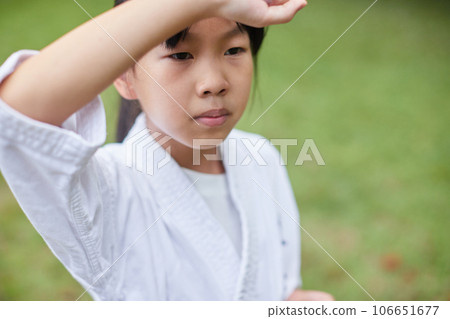 Elementary school girl practicing karate in a midsummer park Elementary school girl practicing karate in a midsummer park 106651677