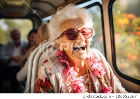 Seniors enjoying care trip excursion with people having fun on board of a comfy bus. Generative AI 106652167