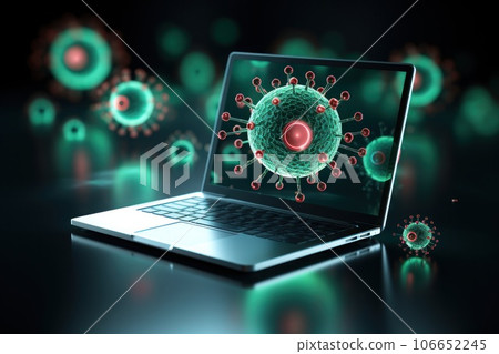 Virus warning alert on computer screen detected modish cyber threat , hacker, computer virus and malware. Generative AI 106652245