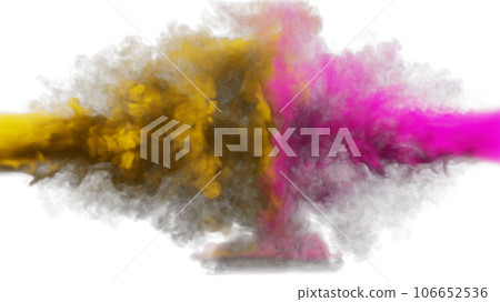 Puffs of orange and pink smoke collide against a white background. 3d illustration. Puffs of orange and pink smoke collide against a white background. 3d illustration. 106652536
