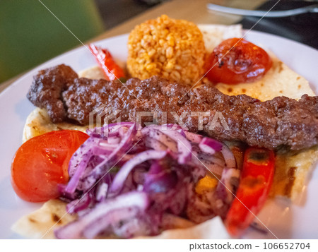 [Ukraine] Kebab plate served at a Turkish restaurant in Kyiv, the capital 106652704