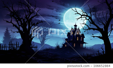 Eerie Haunted House Silhouette under the Moonlight 106652864