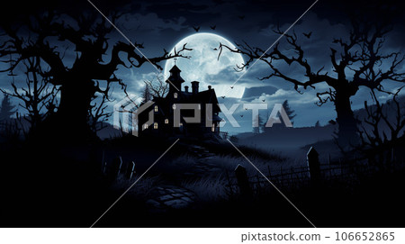 Eerie Haunted House Silhouette under the Moonlight 106652865