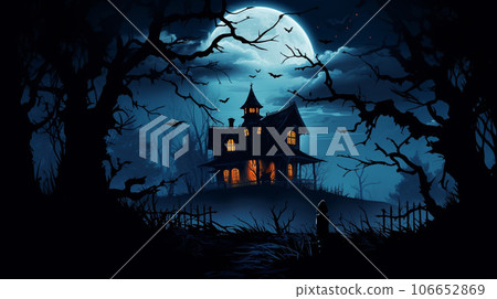 Eerie Haunted House Silhouette under the Moonlight Eerie Haunted House Silhouette under the Moonlight 106652869