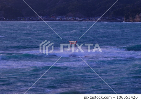 Katsuura Bay with rough waves and the underwater torii of the former Tomisaki Shrine Ver1 Katsuura Bay with rough waves and the underwater torii of the former Tomisaki Shrine Ver1 106653420