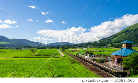 Sightseeing train with the mountain range of Aso in the background Torokko train Minami Aso water birth village Hakusui Kogen station "Minami Aso railway full line opening" 106653505