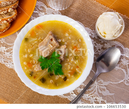 Rassolnik - Traditional Russian soup with pickled cucmbers Rassolnik - Traditional Russian soup with pickled cucmbers 106653530