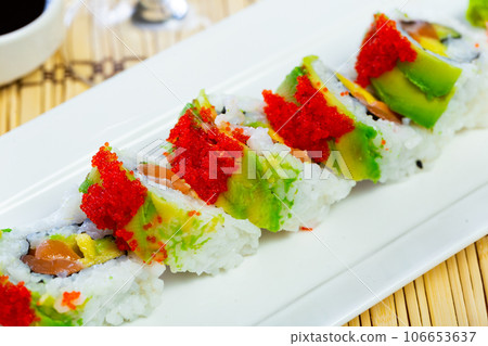 Sushi set uramaki and spicy sushi rolls. Japanese traditional food 106653637