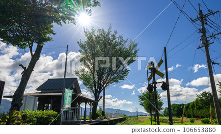 A view of the station building against the backdrop of the summer sky and sunshine (the station building that became a hot topic in the commercial) [Miharashidai Station] ``Minami Aso Railway, all lines open'' 106653880