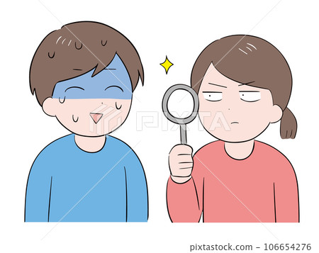 A man who seems uncomfortable and a woman who is doing research A man who seems uncomfortable and a woman who is doing research 106654276