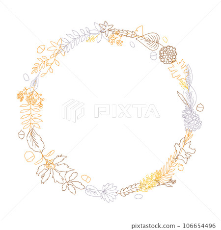 Line drawing. Vector illustration of autumn plants. Autumn leaves and nuts illustration. seasonal card design. 106654496