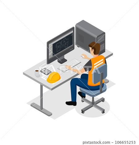 Engineering designer working man sitting at his workplace working with computer program. isometric vector illustration Engineering designer working man sitting at his workplace working with computer program. isometric vector illustration 106655253