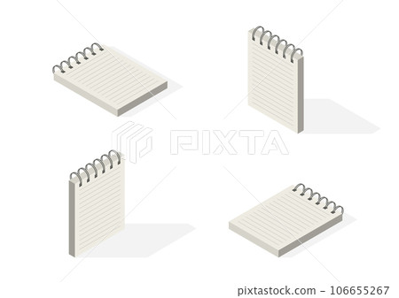 Set isometric notebook with lined paper. Opened sketchpad with blank white sheets of paper. illustrator vector. 106655267