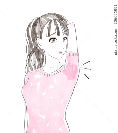 A woman who is worried about armpit sweat A woman who is worried about armpit sweat 106655991