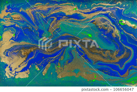 Golden and Green Wave Veins on Blue Marble Background. Golden and Green Wave Veins on Blue Marble Background. 106656047