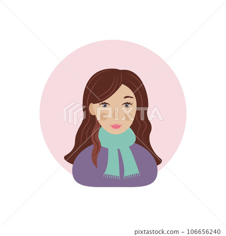 A girl with brown hair. Avatar with the image of a cute girl in cartoon style. A woman in a blue sweater and a green scarf. Vector illustration 106656240