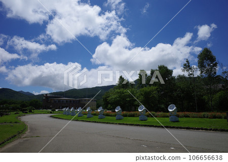 The entrance road leading to the Minamimaki Village Rural Culture Information Exchange Center on Nobeyama Plateau is lined with small parabolic antennas. The entrance road leading to the Minamimaki Village Rural Culture Information Exchange Center on Nobeyama Plateau is lined with small parabolic antennas. 106656638