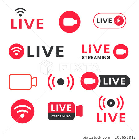 Live streaming icon set. Live broadcasting buttons and symbols. Set of online stream icons. Live stream logo Live streaming icon set. Live broadcasting buttons and symbols. Set of online stream icons. Live stream logo 106656812