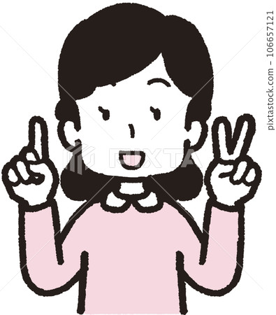 一位微笑的女士做出三個手勢的上半身插圖:左手有兩根手指,右手有一根手指 一位微笑的女士做出三個手勢的上半身插圖:左手有兩根手指,右手有一根手指 106657121