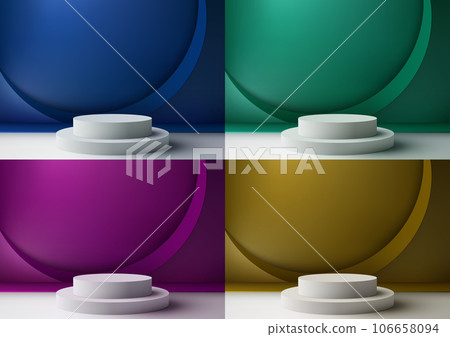 Modern White Podium Stand with Red Circle Background Decoration. Vector Illustration Mockup 106658094