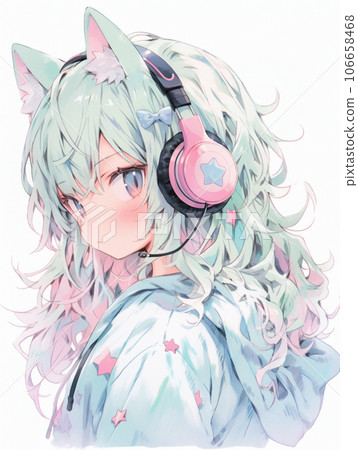 cat ears girl with pink headphones cat ears girl with pink headphones 106658468