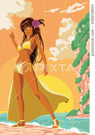 Coast bay and anime bikini girl at sunset 106658604