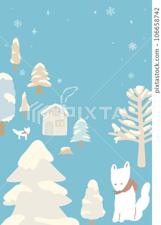 Snowy trees and foxes in white and beige colors, winter landscape, hand drawn vector illustration 106658742