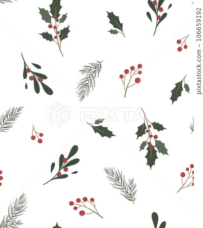 Seamless pattern of simple botanical elements in scandinavian style. Twig of conifers evergreen tree, ilex, red berries. Hand drawn Stylized repeated background. Endless print for wallpapers, fabric 106659192