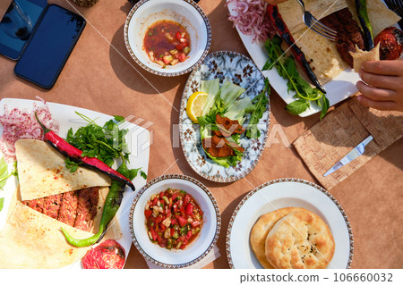 Traditional turkish dinner top down view Traditional turkish dinner top down view 106660032