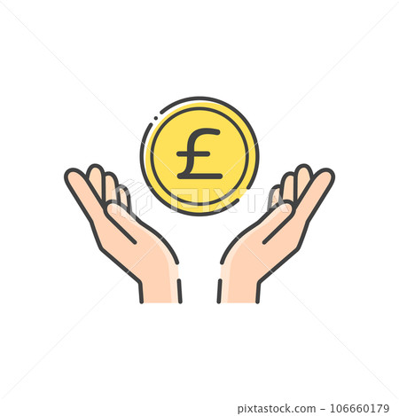 A simple coin with the letter £ and a human hand icon - an image of the British pound 106660179
