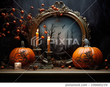 Moody and dark haloween decoration, sophisticated autumn holiday decor for haloween party, home interior in black colors 106660239