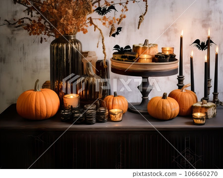 Moody and dark haloween decoration, sophisticated autumn holiday decor for haloween party, home interior in black colors Moody and dark haloween decoration, sophisticated autumn holiday decor for haloween party, home interior in black colors 106660270