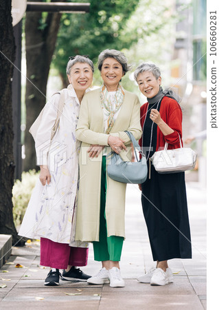 一位頭髮花白的老婦人在城裡時尚地走來走去 一位頭髮花白的老婦人在城裡時尚地走來走去 106660281