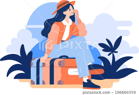Hand Drawn Tourists relaxing by the sea on vacation in flat style 106660359