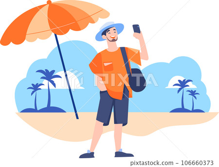 Hand Drawn Tourists relaxing by the sea on vacation in flat style 106660373