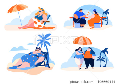 Hand Drawn overweight Tourists relaxing by the sea on vacation in flat style Hand Drawn overweight Tourists relaxing by the sea on vacation in flat style 106660414