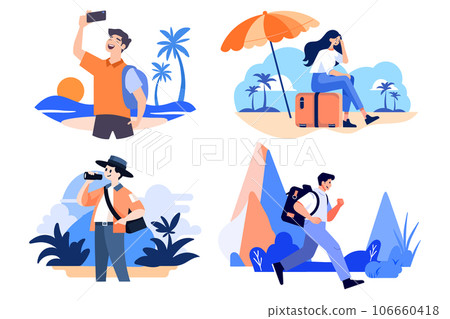 Hand Drawn Tourists relaxing by the sea on vacation in flat style Hand Drawn Tourists relaxing by the sea on vacation in flat style 106660418