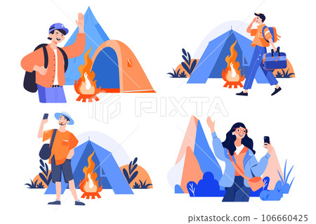 Hand Drawn Tourists relaxing by the sea on vacation in flat style Hand Drawn Tourists relaxing by the sea on vacation in flat style 106660425