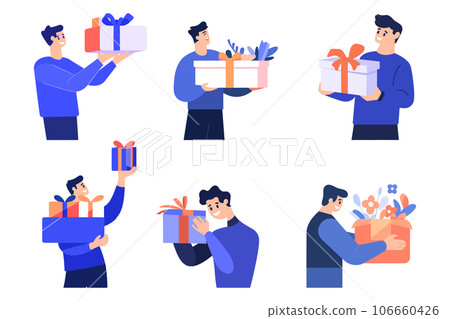 Hand Drawn man with gift in the concept of gift giving in flat style Hand Drawn man with gift in the concept of gift giving in flat style 106660426