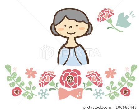可愛的敬老日奶奶和鮮花/手繪插畫素材 106660445