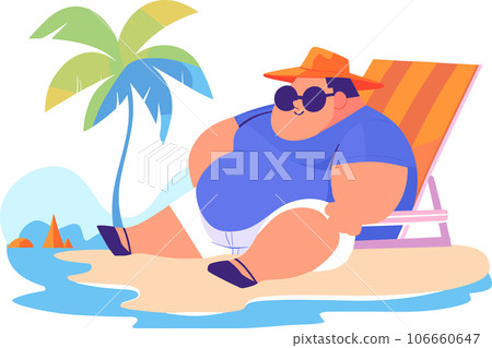 Hand Drawn overweight Tourists relaxing by the sea on vacation in flat style Hand Drawn overweight Tourists relaxing by the sea on vacation in flat style 106660647